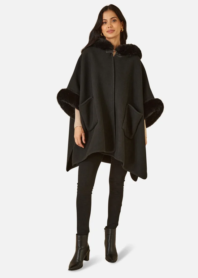 Yumi Black Cape With Luxe Fur Trim And Lining