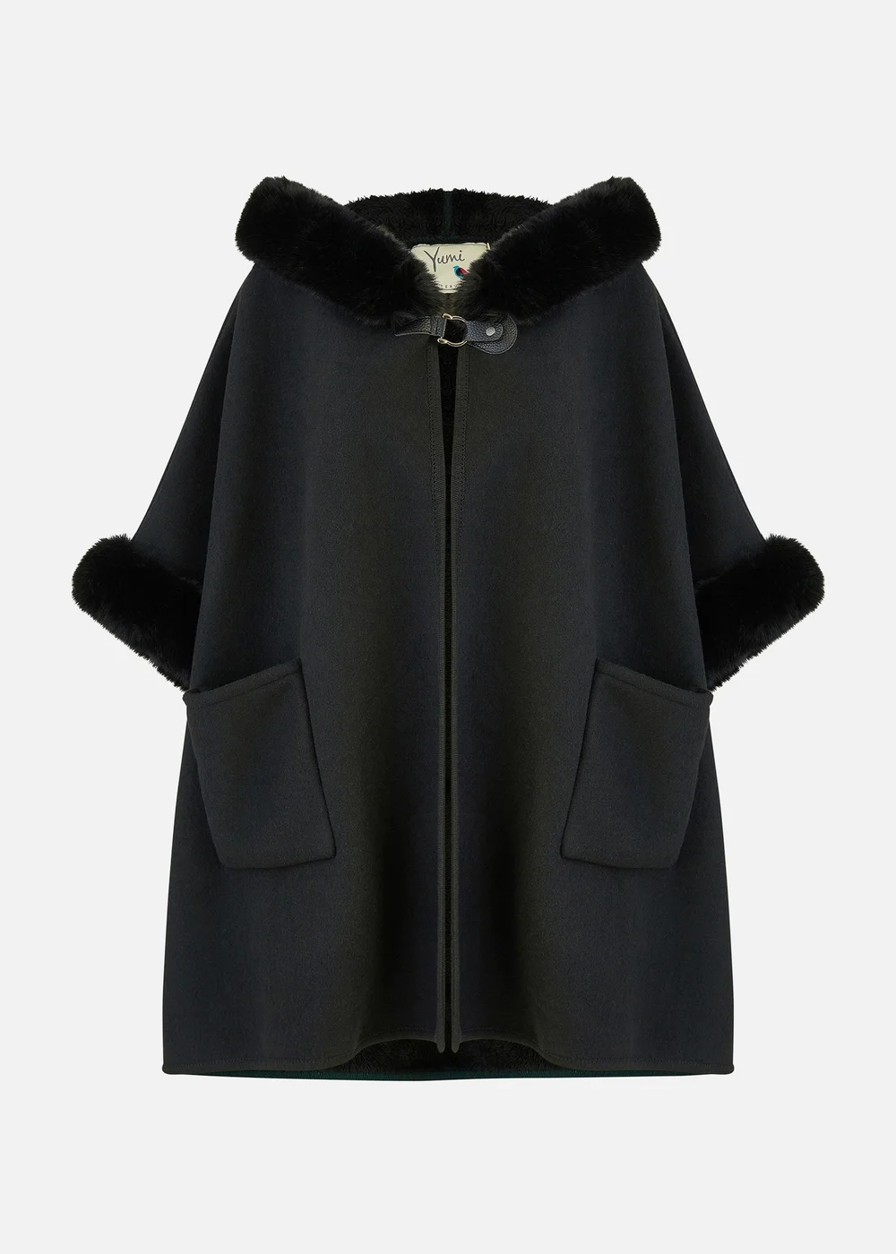 Yumi Black Cape With Luxe Fur Trim And Lining - M/L Image 3