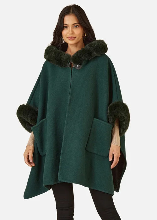 Yumi Green Cape With Luxe Fur Trim And Lining - Medium/Large Image 2