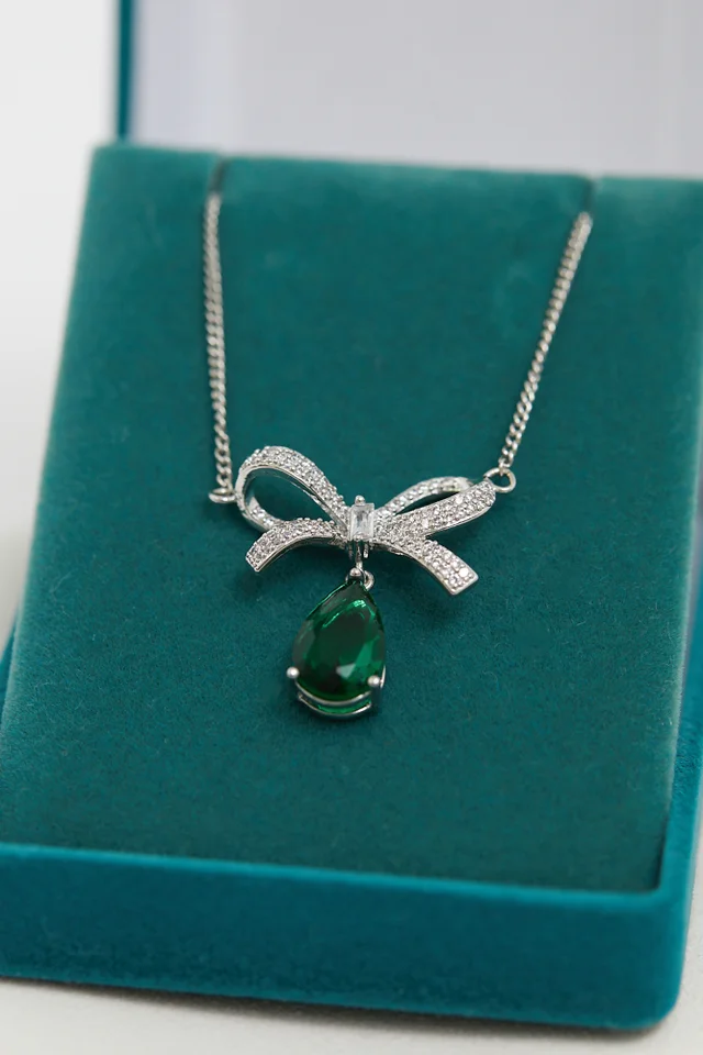 Jon Richard Rhodium Plated And Emerald Bow Pendant - Gift Boxed