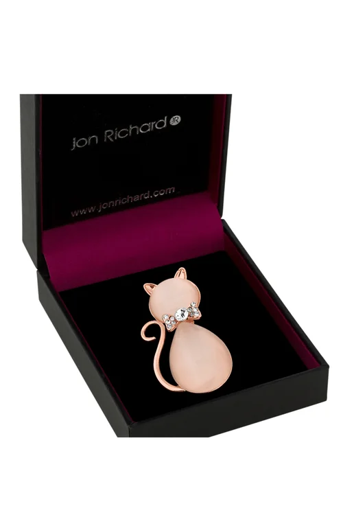 Jon Richard Rose Gold Pink Crystal Cat Brooch - Gift Boxed - One Size Image 1