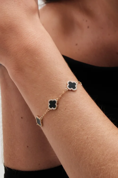 Jon Richard Gold Plated Jet Enamel Clover Bracelet - One Size Image 2