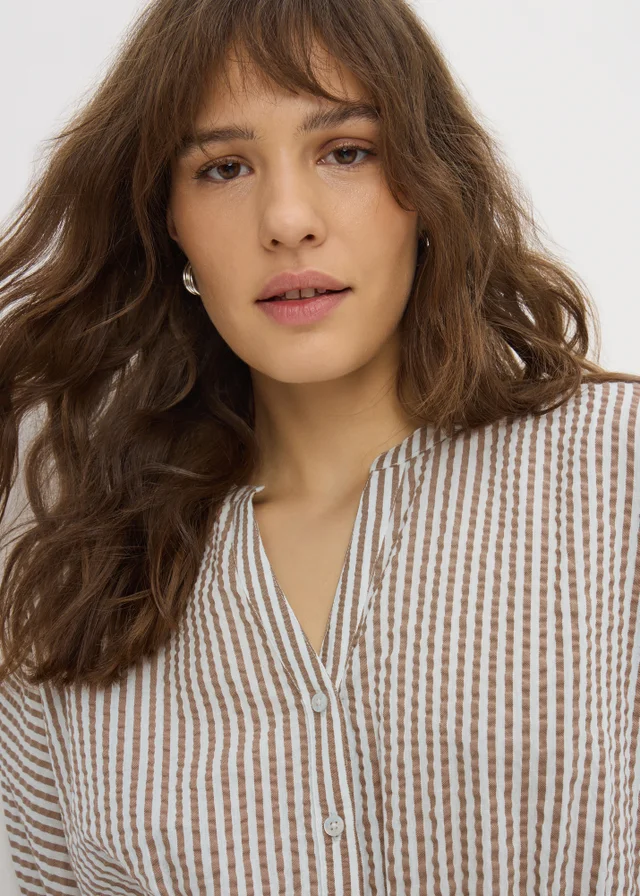 Brown Seersucker Stripe Co Ord Peplum Blouse