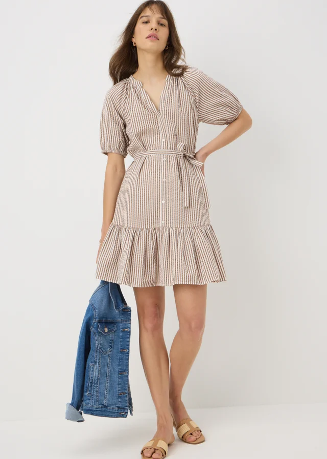 Brown Stripe Mini Puff Sleeve Dress