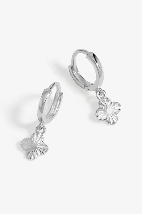 Simply Silver Sterling Silver 925 Polished Diamond Cut Clover Charm Hoop Earrings - One Size Image 1
