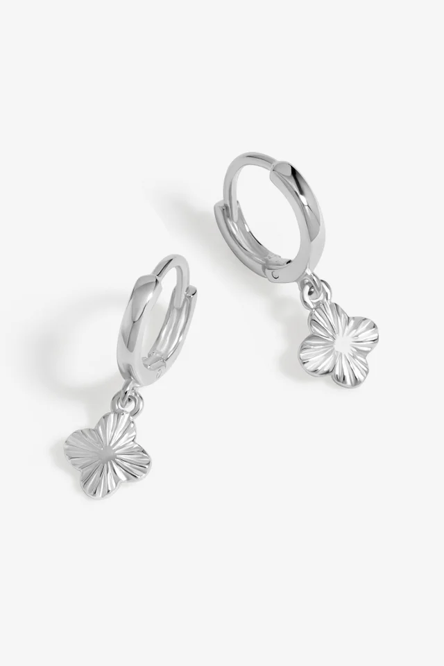 Simply Silver Sterling Silver 925 Polished Diamond Cut Clover Charm Hoop Earrings
