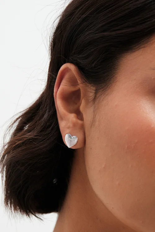 Simply Silver Sterling Silver 925 Polished Ridge Heart Stud Earrings - One Size Image 2