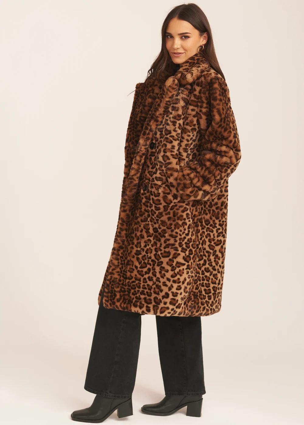 Gini London Brown Leopard Double Breasted Longline Furcoat - M/L Image 4