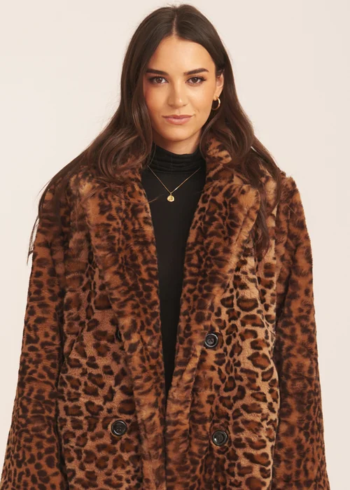 Gini London Brown Leopard Double Breasted Longline Furcoat - M/L Image 3