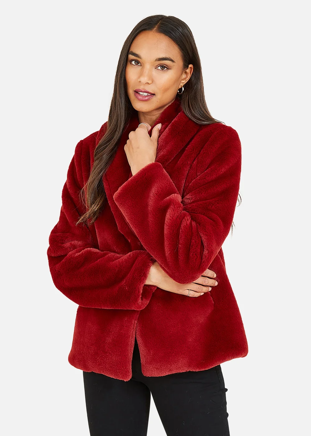 Yumi Red Short Wrap Faux Fur Coat - 12 Image 1