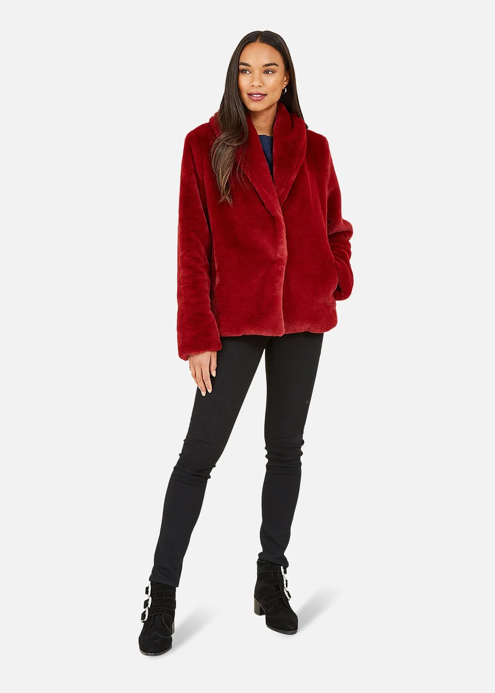 Yumi Red Short Wrap Faux Fur Coat - 12 Image 2