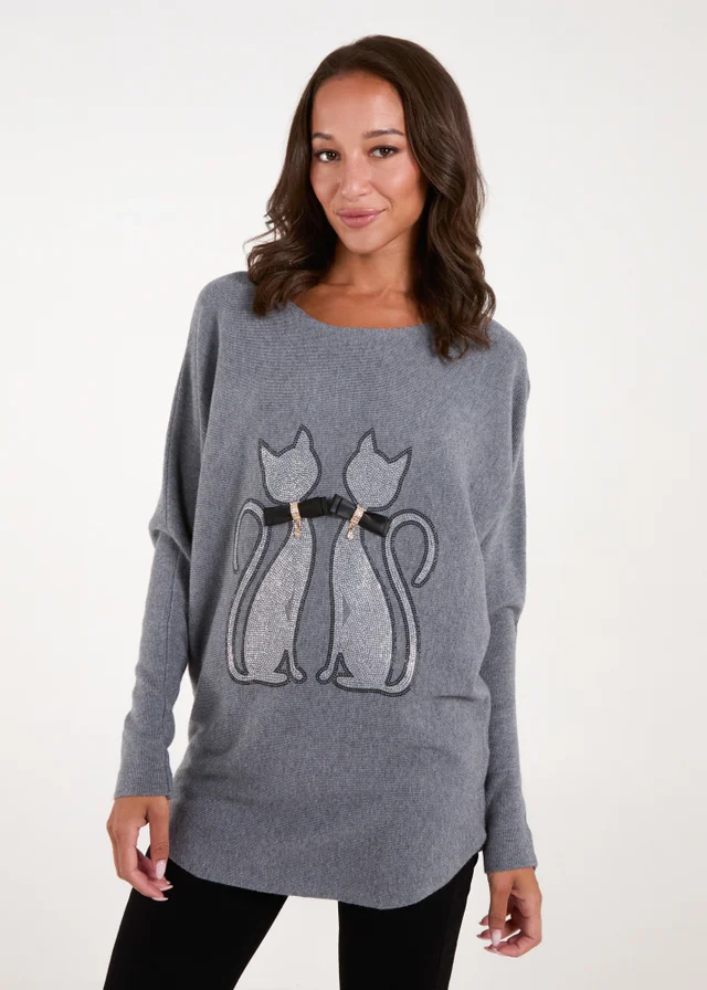 Blue Vanilla Grey Embellished Cat Jumper
