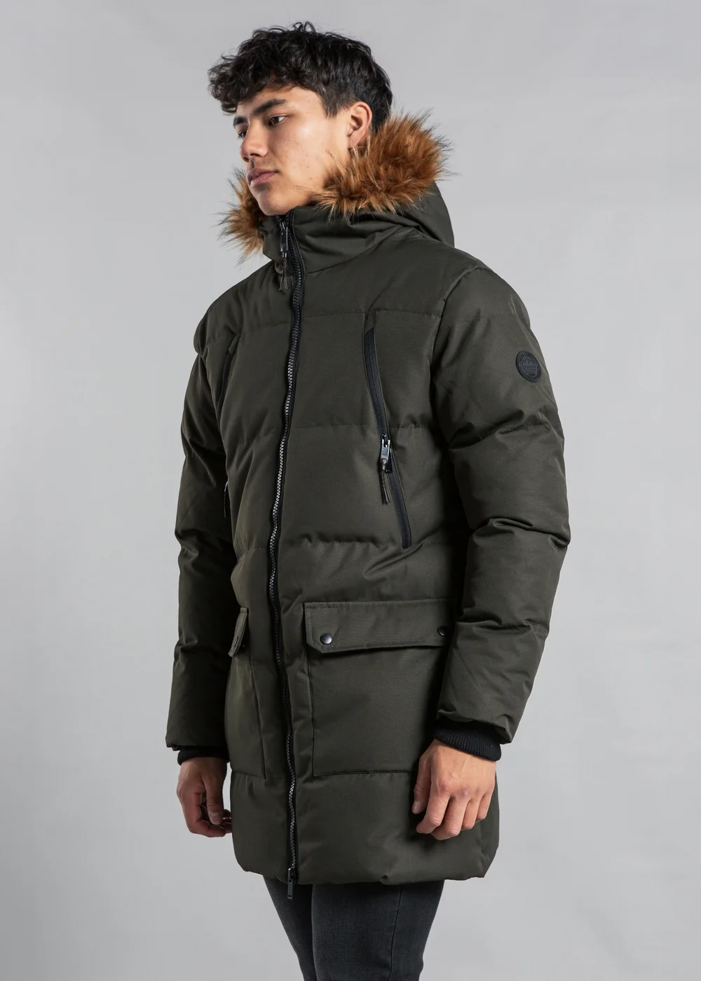 Tokyo Laundry Khaki Padded Longline Coat with Faux Fur Hood - XL Image 1