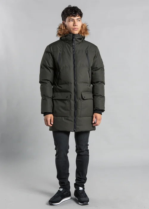 Tokyo Laundry Khaki Padded Longline Coat with Faux Fur Hood - XL Image 3