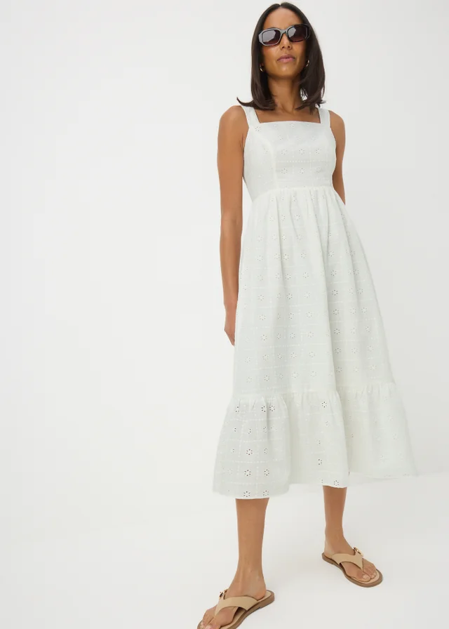 White Broderie Anglaise Square Neck Midi Dress