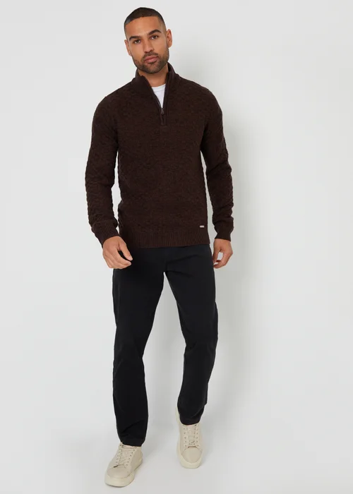 Threadbare Brown Textured Quarter Zip Jumper With Wool - Small Image 4