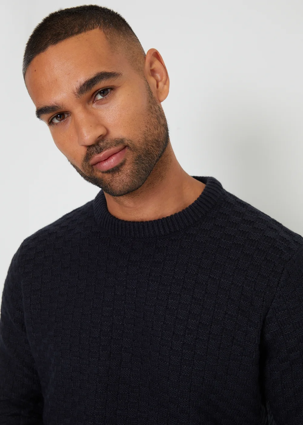 Threadbare Navy Textured Knit Crew Neck Jumper - Small Image 1