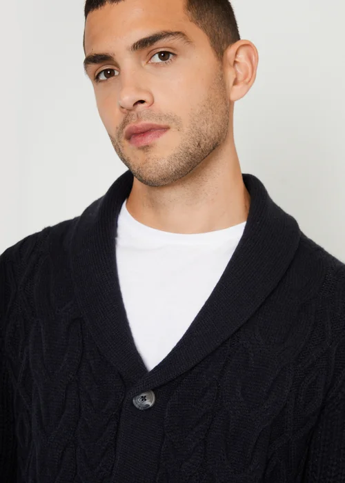 Threadbare Navy Cable Knit Shawl Collar Cardigan With Wool - Medium Image 3