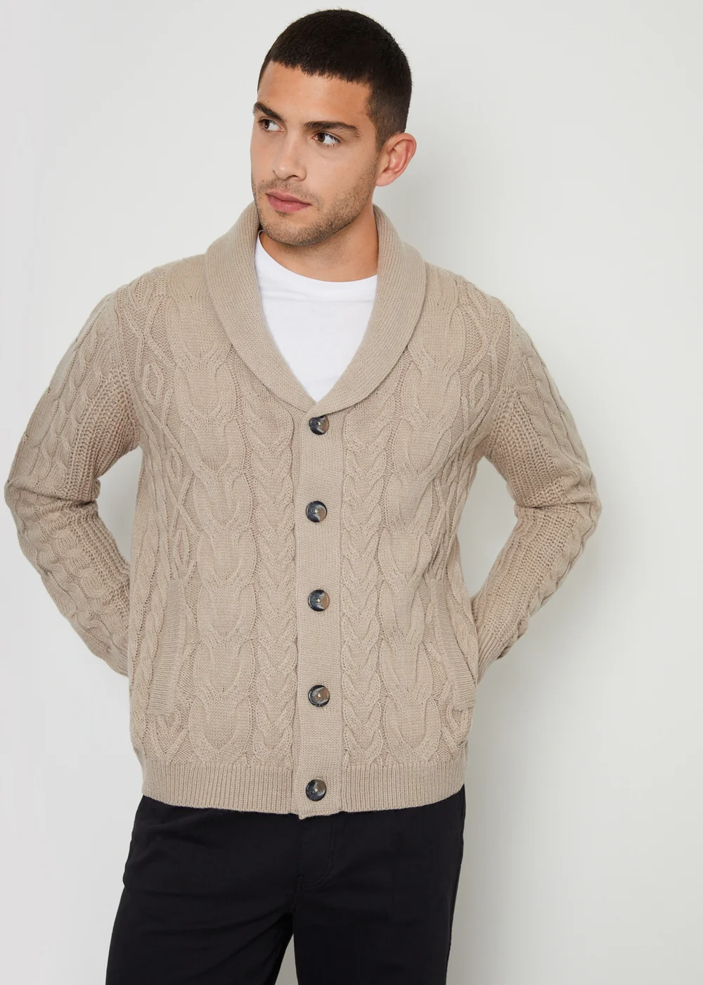 Threadbare Stone Cable Knit Shawl Collar Cardigan With Wool - Small Image 1