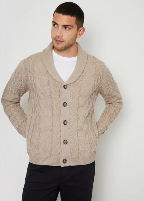 Threadbare Stone Cable Knit Shawl Collar Cardigan With Wool - Small Image 1