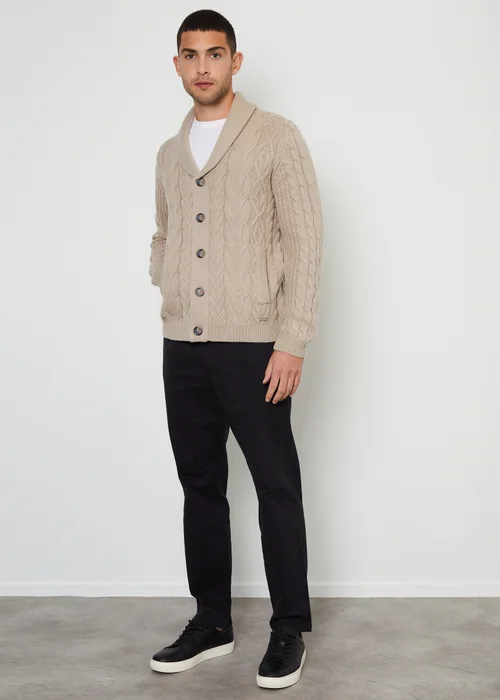 Threadbare Stone Cable Knit Shawl Collar Cardigan With Wool - Small Image 3