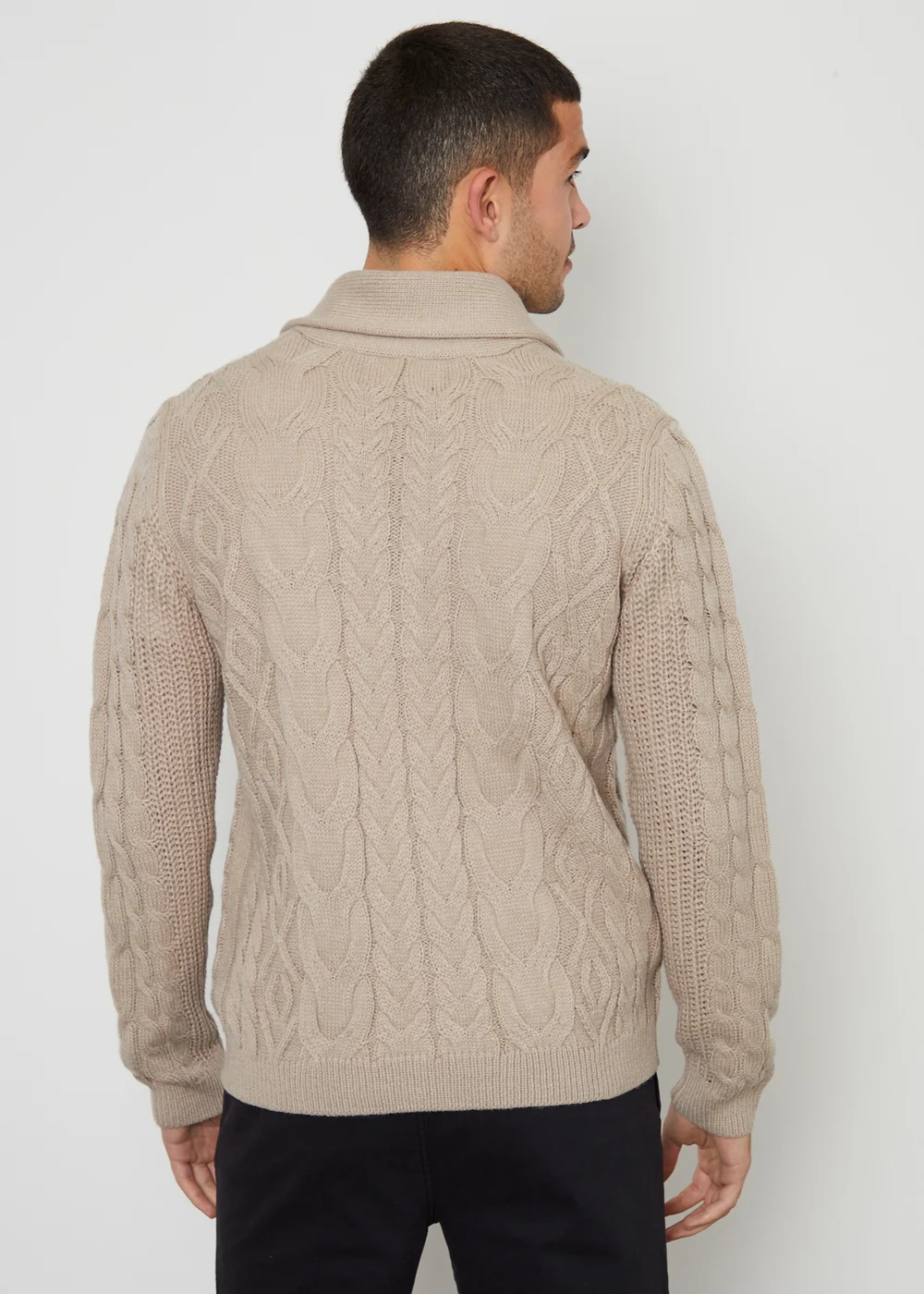 Threadbare Stone Cable Knit Shawl Collar Cardigan With Wool - Small Image 2