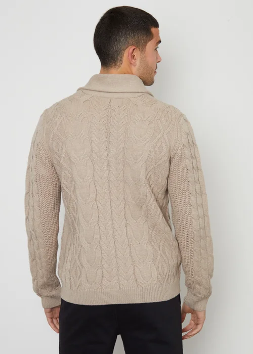 Threadbare Stone Cable Knit Shawl Collar Cardigan With Wool - Small Image 2