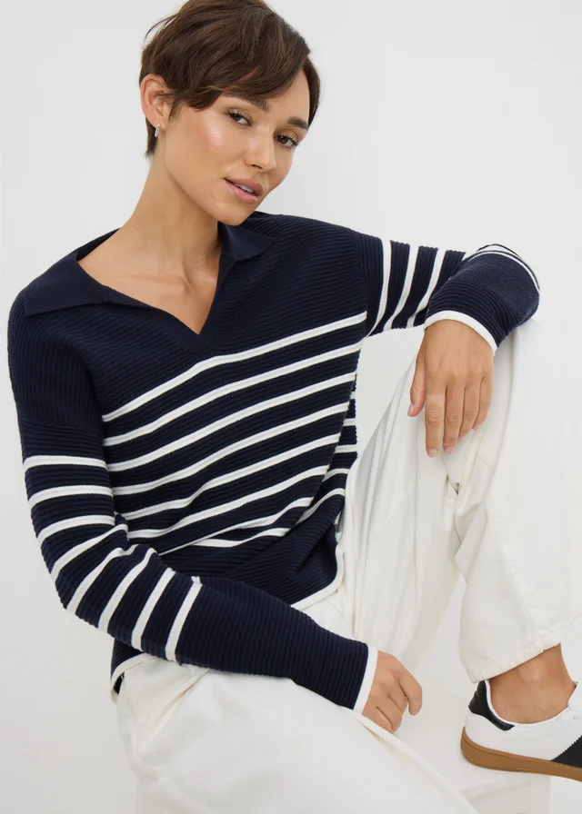 Navy Striped Open Collar Jumper