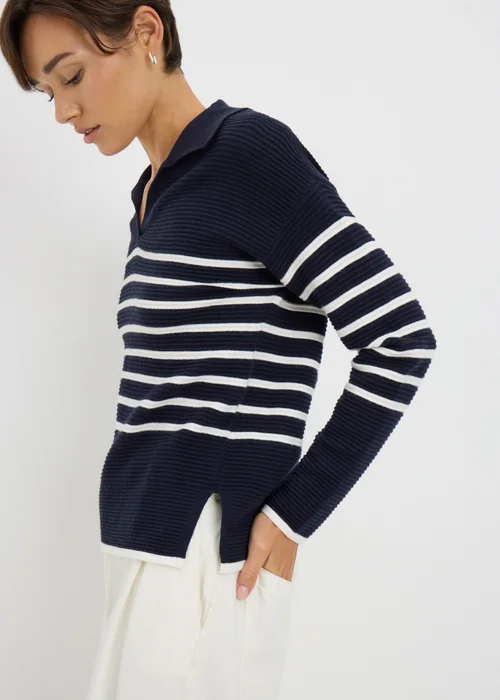 Navy Striped Open Collar Jumper - 3XL Image 2
