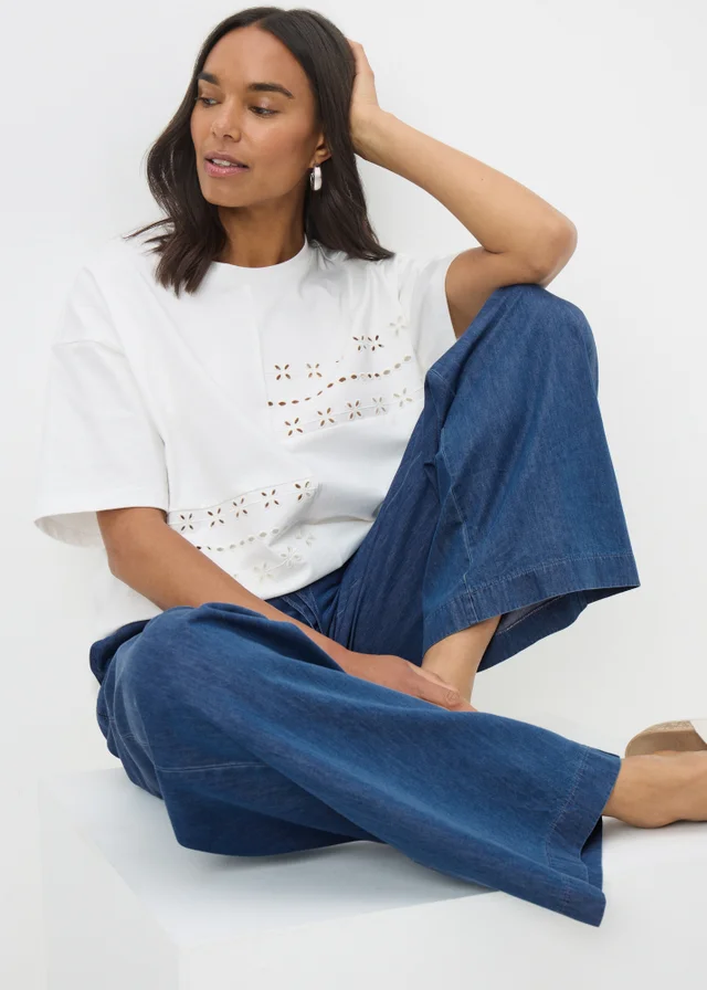 Blue Denim Wide Leg Chambray Trousers