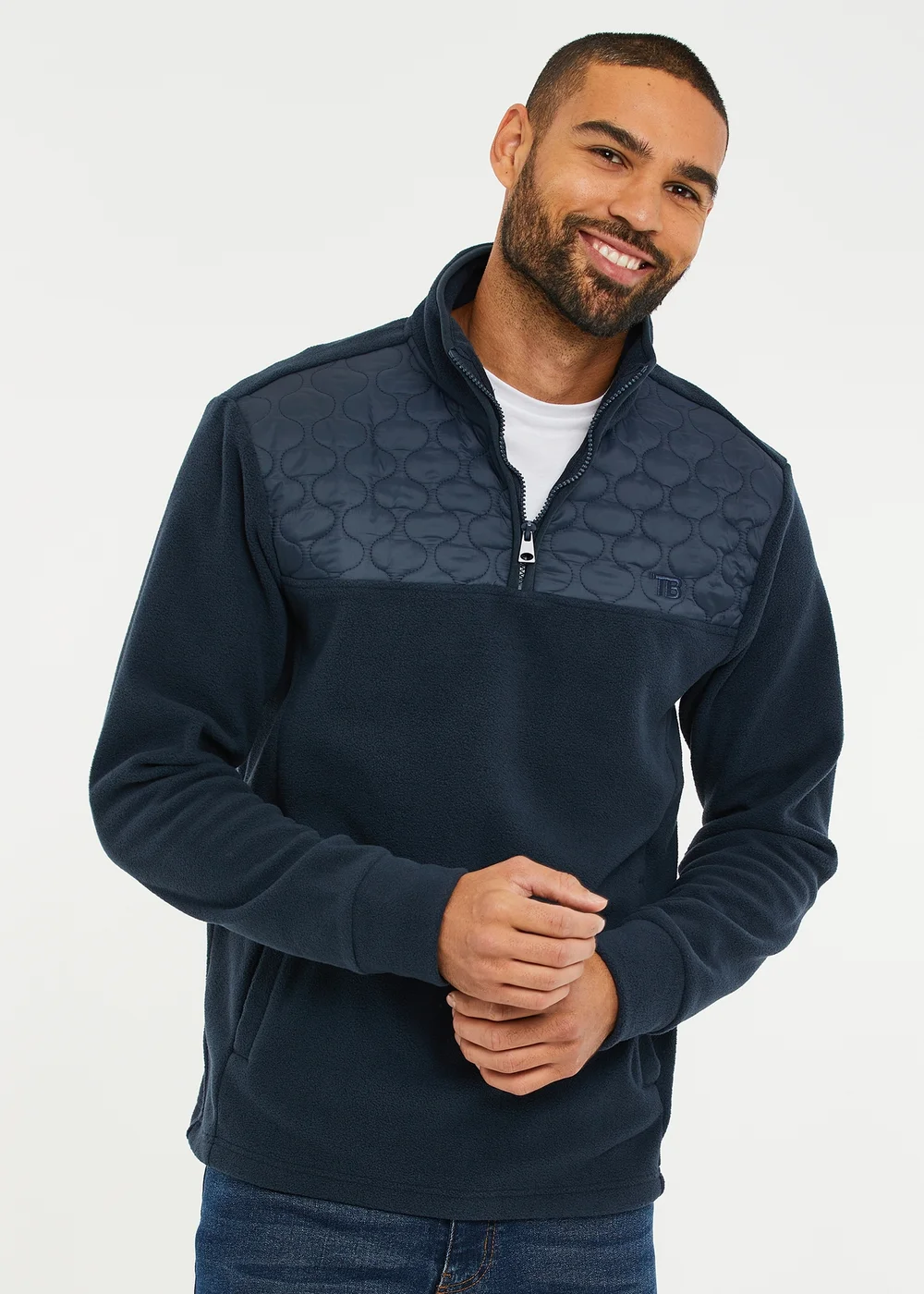 Threadbare Navy Quarter Zip Quilted Fleece Jumper - S Image 1