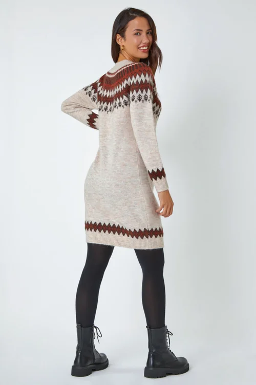 Roman Beige Soft Knit Fairisle Jumper Dress - Size 12 Image 3