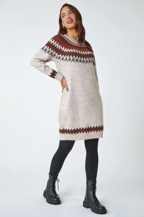 Roman Beige Soft Knit Fairisle Jumper Dress - Size 12 Image 2