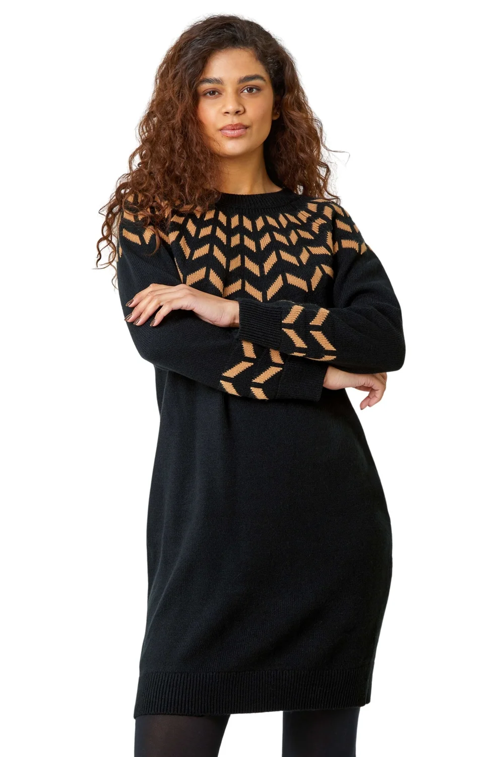 Roman Camel Chevron Stretch Knit Jumper Dress - Size 16 Image 1