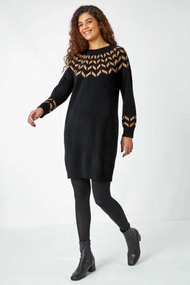 Roman Camel Chevron Stretch Knit Jumper Dress