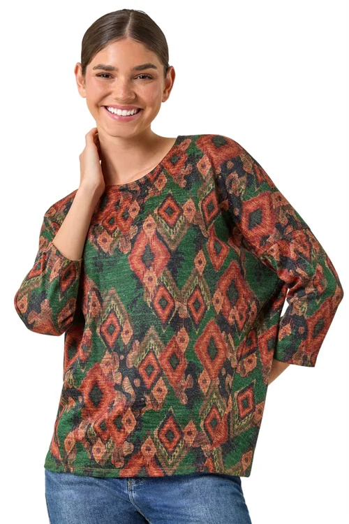 Roman Green Abstract Aztec Print Top - Size 16 Image 2
