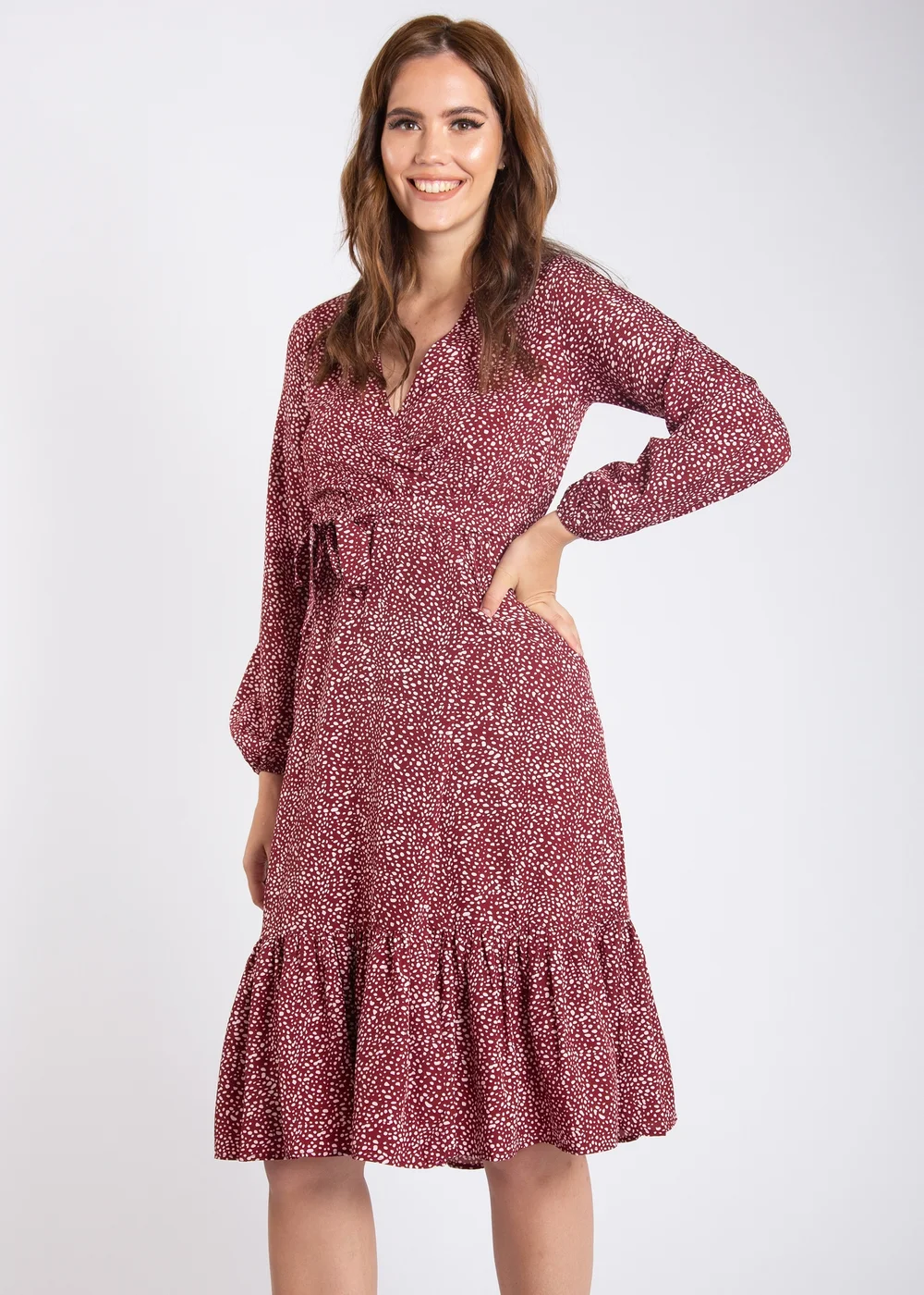 Gini London Burgundy Animal Print Split Detail Midi Wrap Dress - Size 12 Image 1