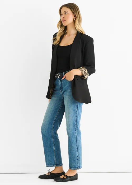 Gini London Black Contrast Animal Edge to Edge Blazer - M/L Image 4
