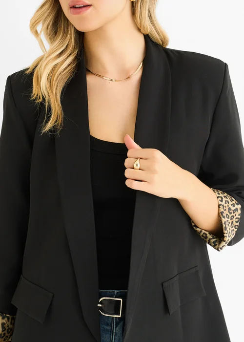 Gini London Black Contrast Animal Edge to Edge Blazer - M/L Image 3