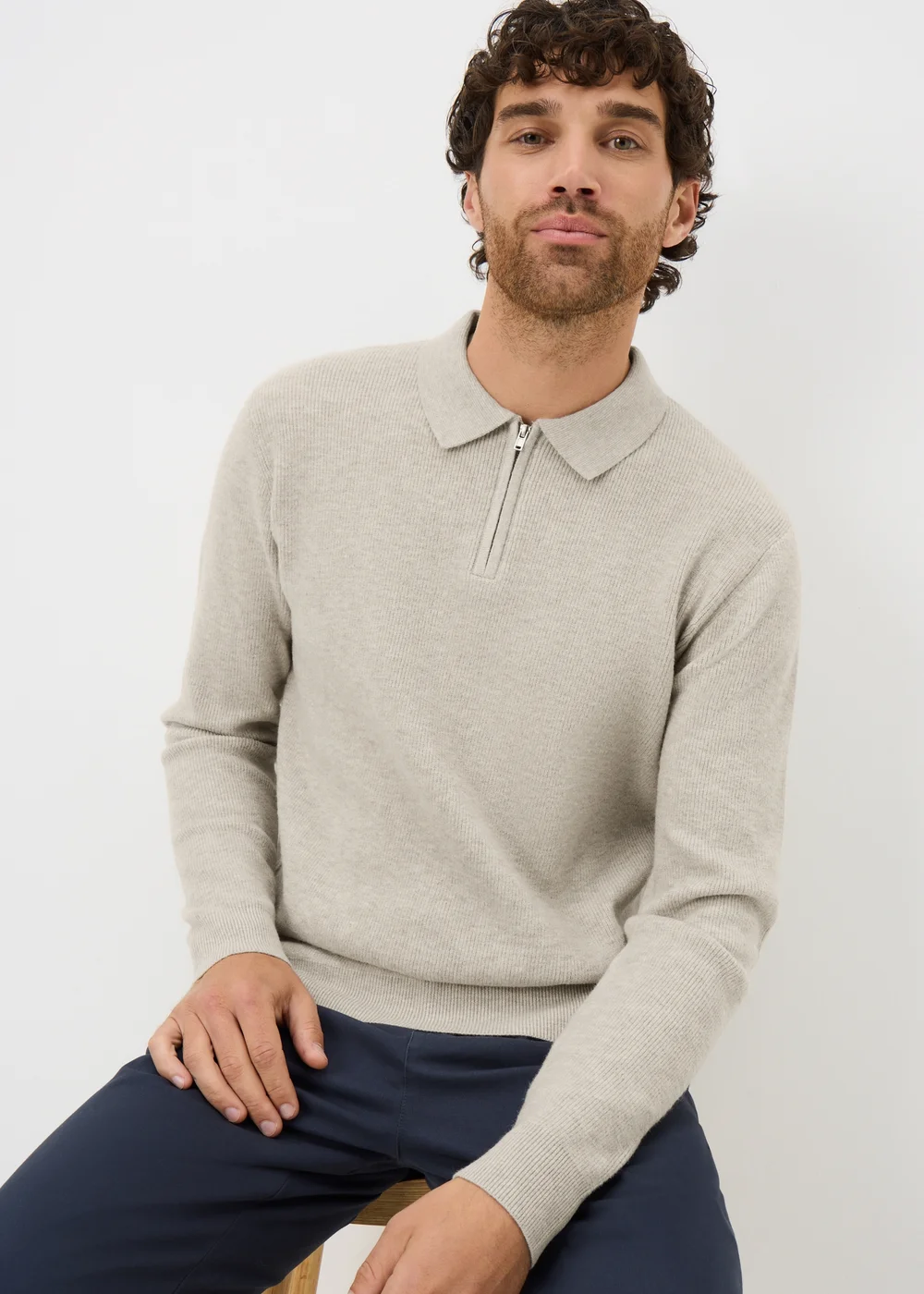 Beige Smart Ribbed Zip Polo - XXL Image 1