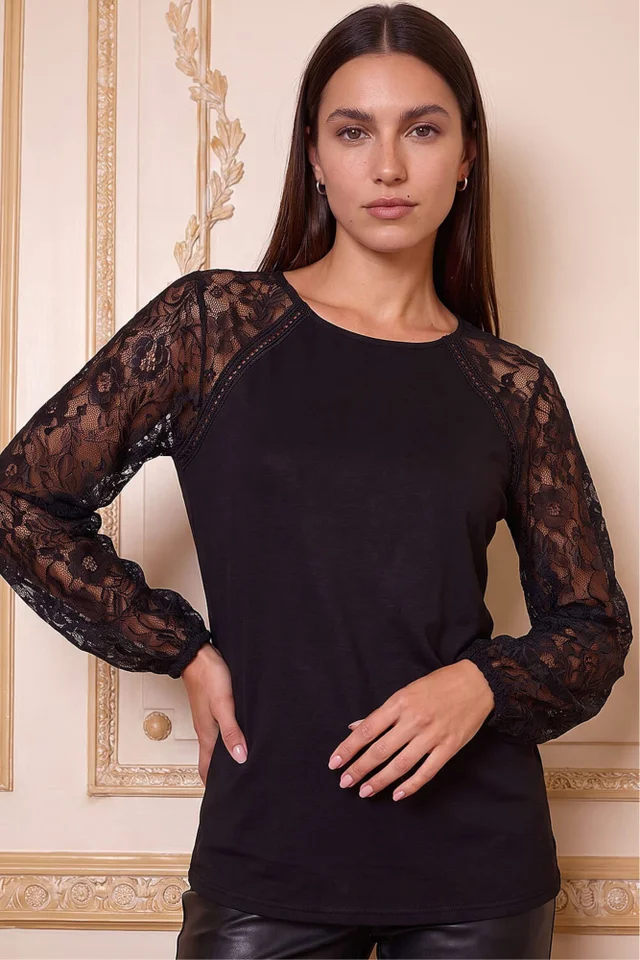 Roman Black Lace Sleeve Stretch Tunic Top