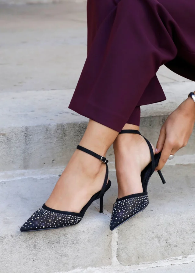 Linzi Krystal Black Mesh & Diamante Court Heel