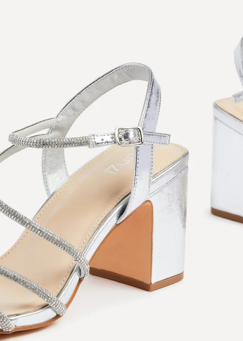 Linzi Kira Silver Faux Leather Strappy Diamante Block Heel - Size 8 Image 4