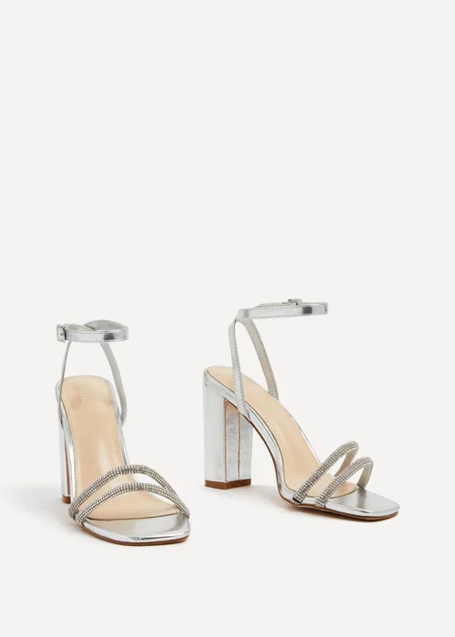 Linzi Imera Silver Double Diamante Strap Block Heeled Sandal - Size 8 Image 3