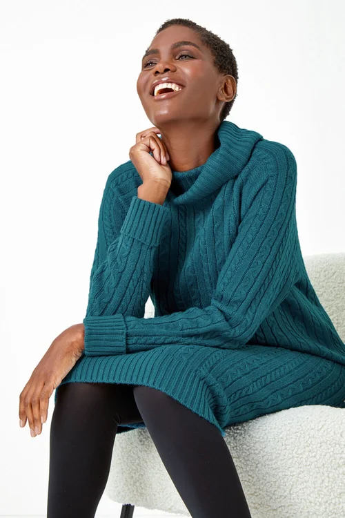 Roman Teal Roll Neck Knitted Jumper Dress - Size 18 Image 2