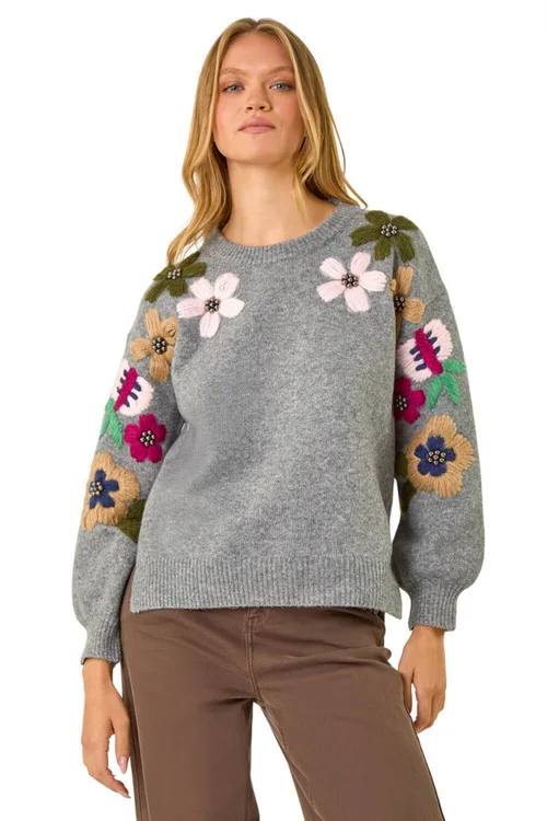 Roman Grey Floral Emellished Jumper - Size 18 Image 1