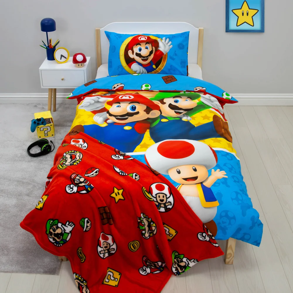 Nintendo Blue Splitter Polycotton Duvet Set - Single Image 1