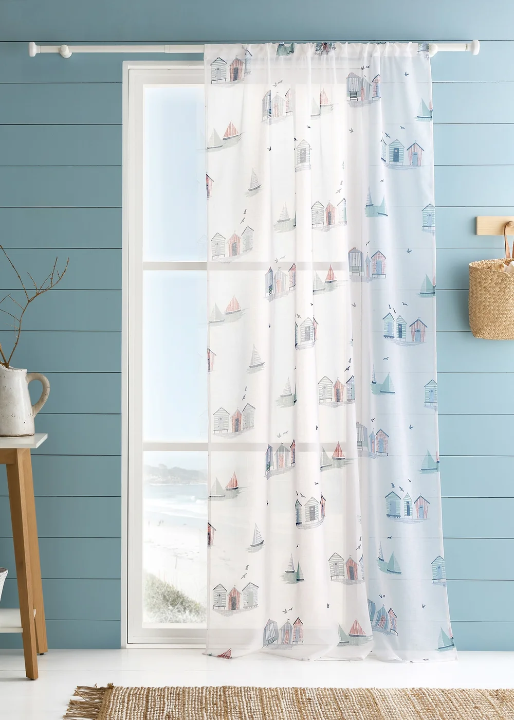 Fusion Beach Huts Blue Voile Panel - 55W X 72D (140x182cm) Image 1