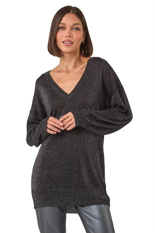 Roman Black Relaxed Stretch Shimmer V-Neck Jumper - Size 12 Image 1