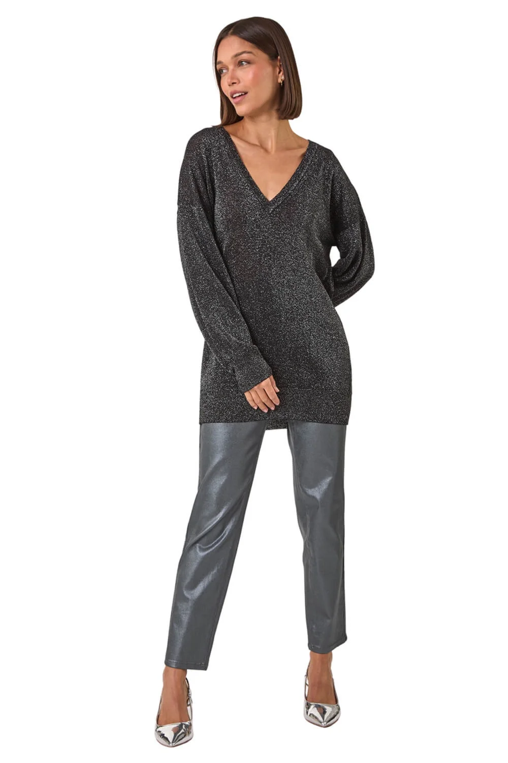 Roman Black Relaxed Stretch Shimmer V-Neck Jumper - Size 12 Image 2
